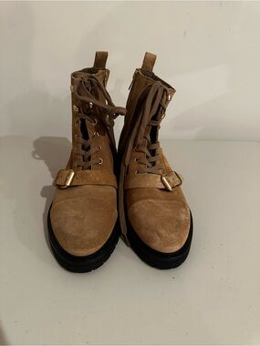 NWOT All Saints Tan Suede Lace-Up Combat Boots w/ Buckle Straps Size 38